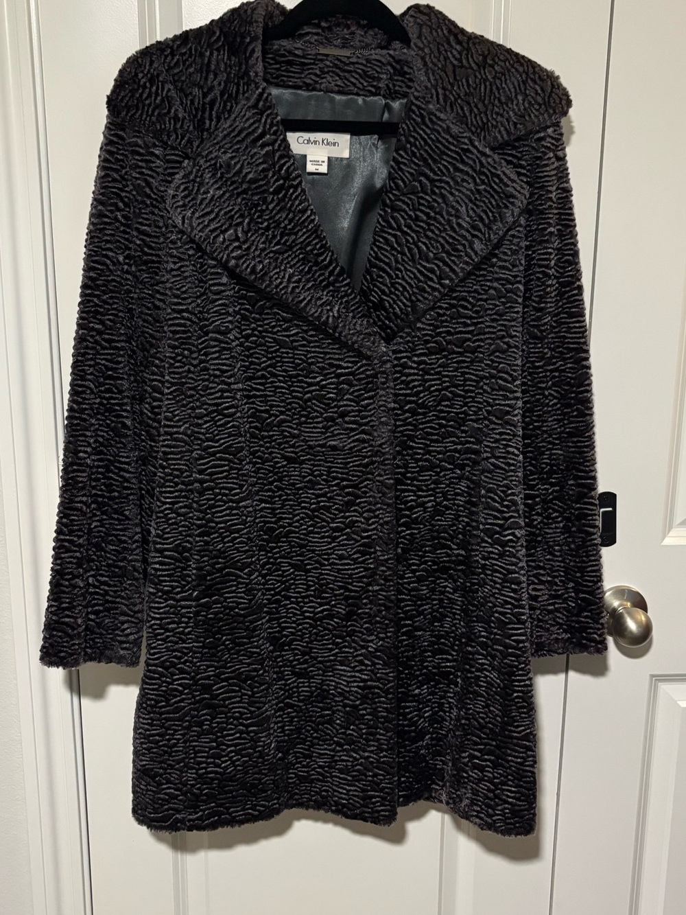 Calvin Klein Charcoal Gray Textured Faux Fur Coat Size Medium